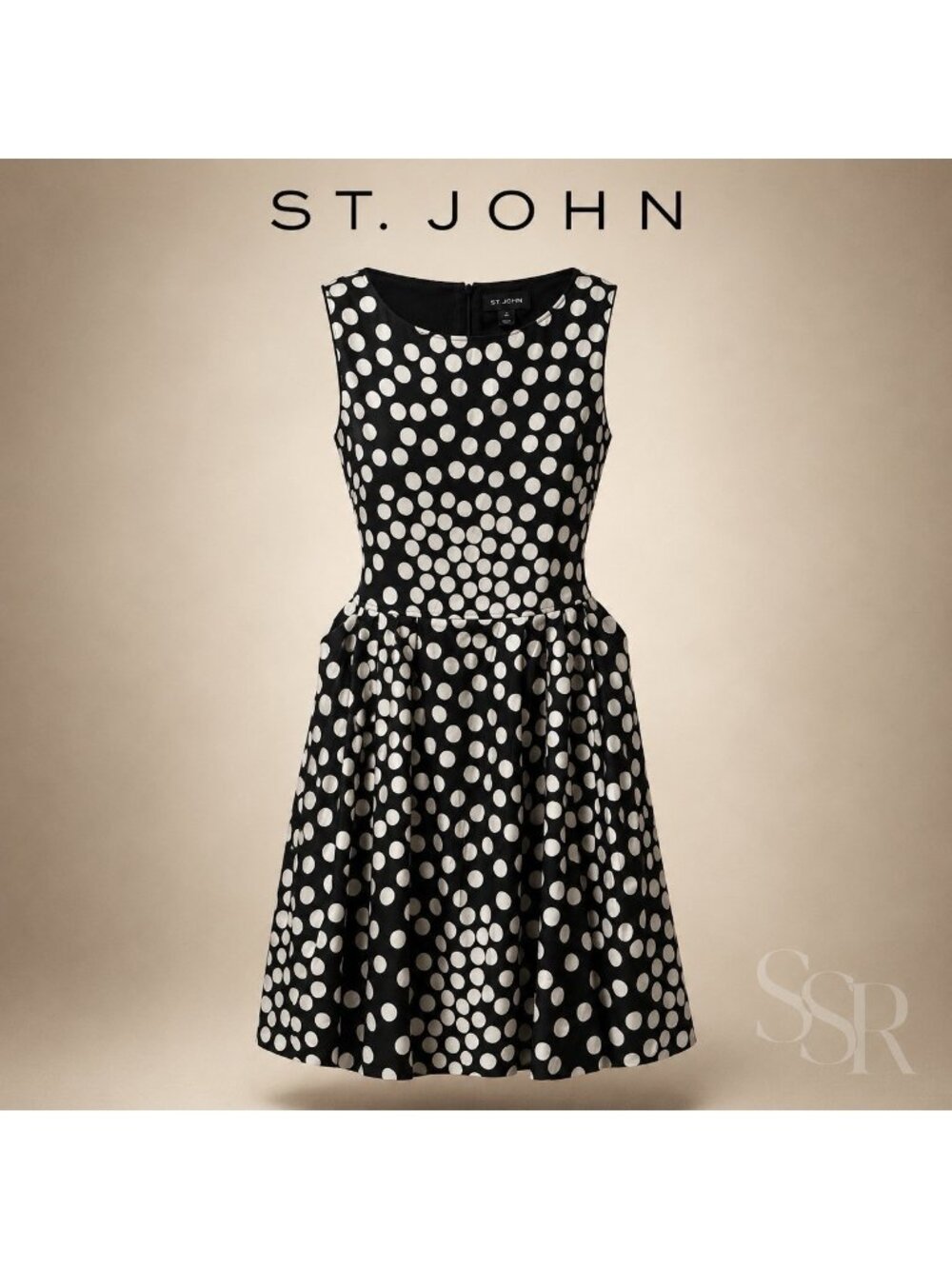 St. John Silk Polka Dot Fit & Flare Dress Pockets Lined Size 10 Black White Mid